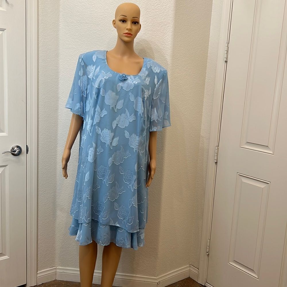More Jazz Baby Blue  Dress Scoop Neck Short Sleeve Floral Appliqué Sheer Lined